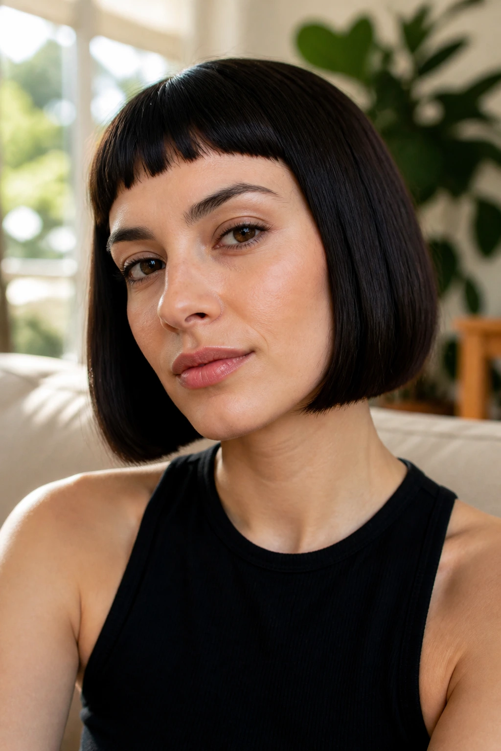 Close-up of a woman with Blunt Bob and micro bangs in a sunlit living room