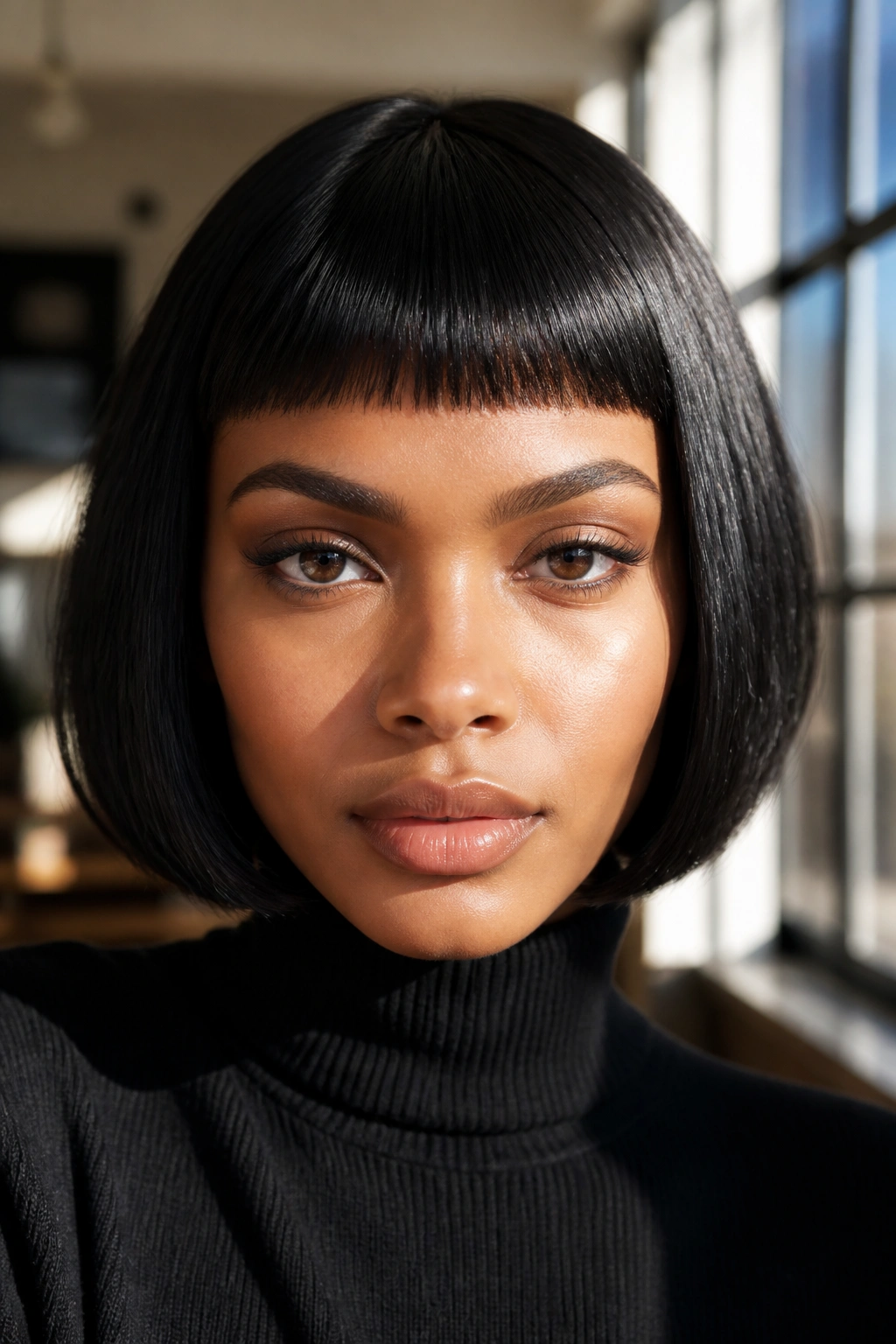 Close-up of a real woman with a blunt bob and micro fringe