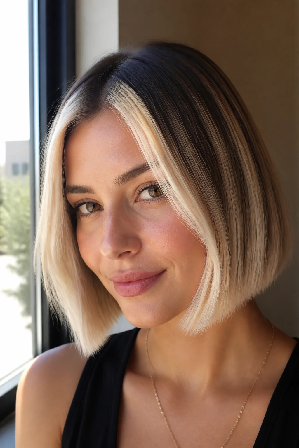 Close-up portrait of a woman with blunt bob and bright money piece framing the face