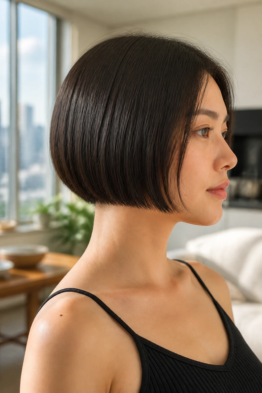 Close-up portrait of a real woman with blunt bob and nape graduation.