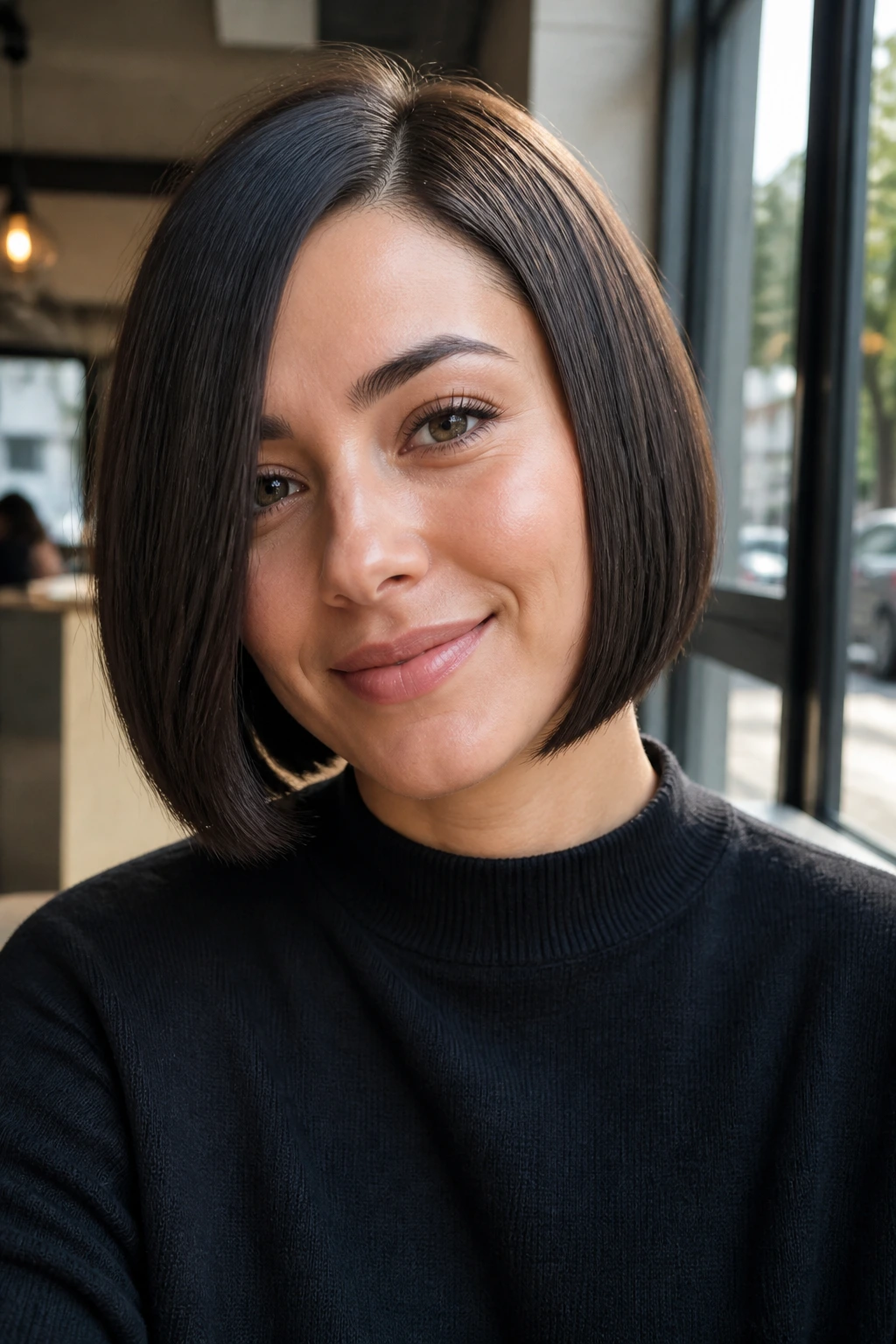 Close-up of a real woman with a sleek blunt bob and off-center part