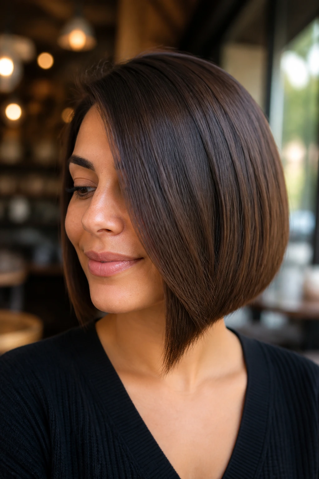 Portrait of a woman with blunt bob and one-side sweep in warm light.