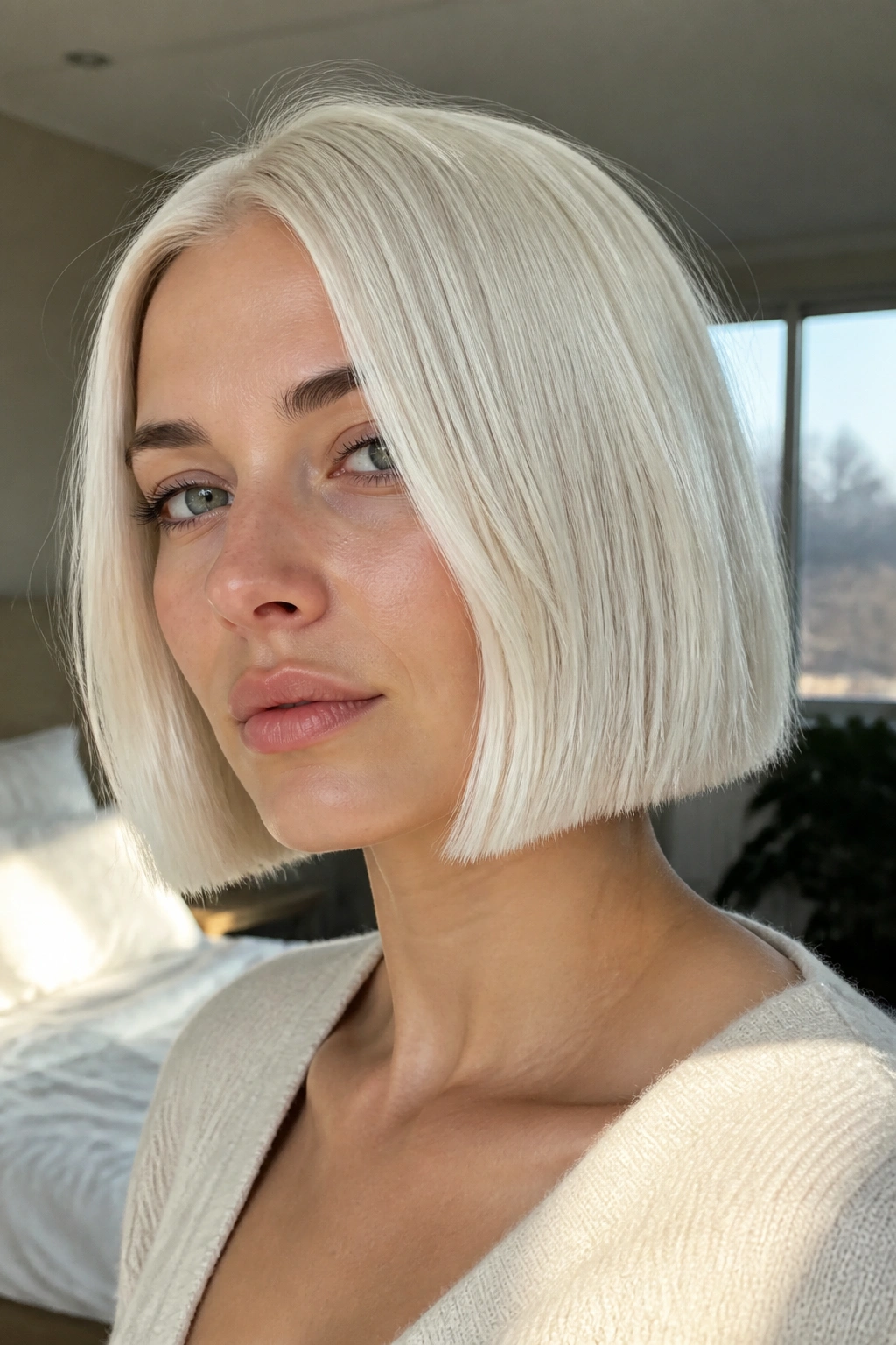 Close-up portrait of a real woman with a chin-length blunt platinum bob in natural window light