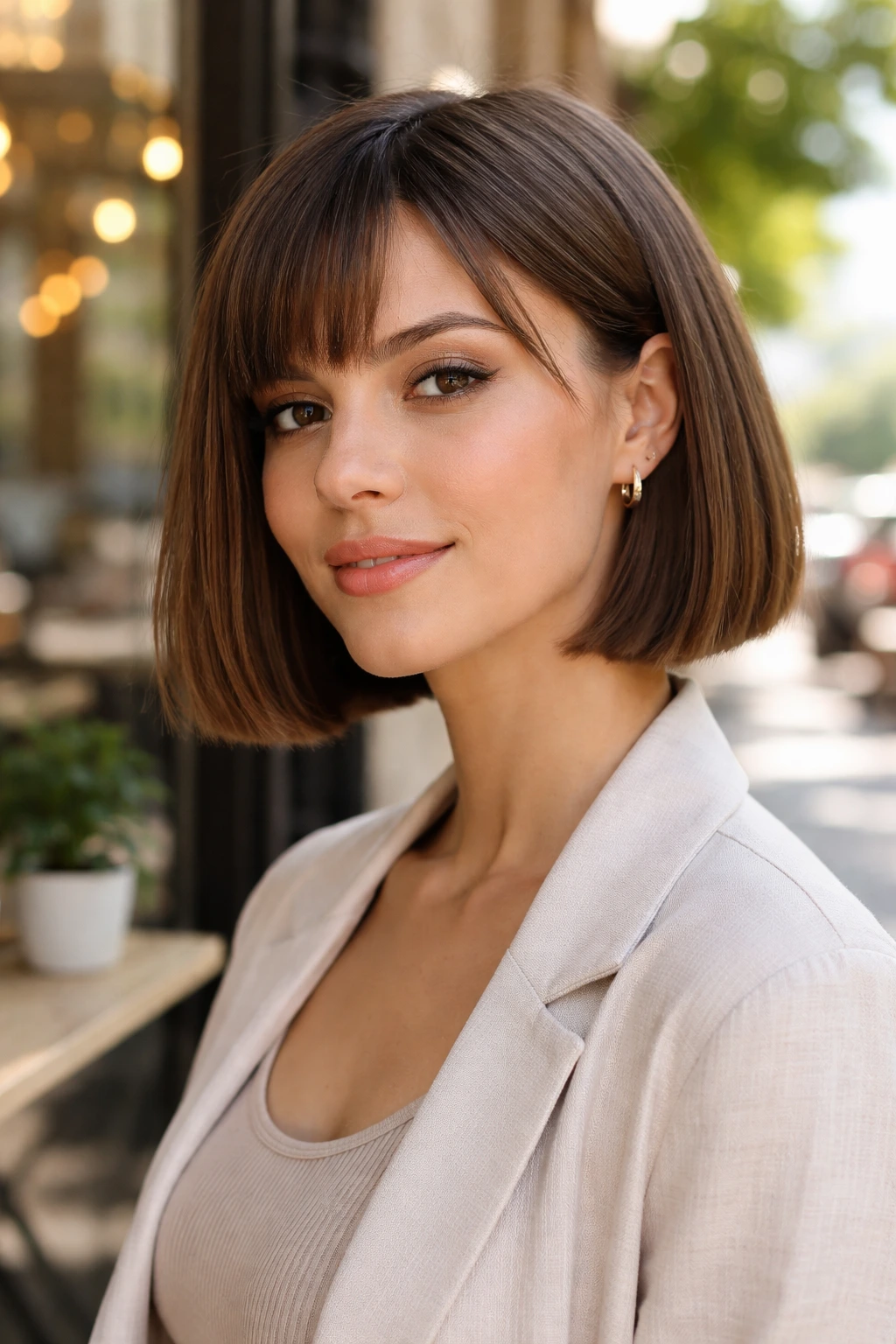 Real person with blunt bob and rough textured ends in bright cafe
