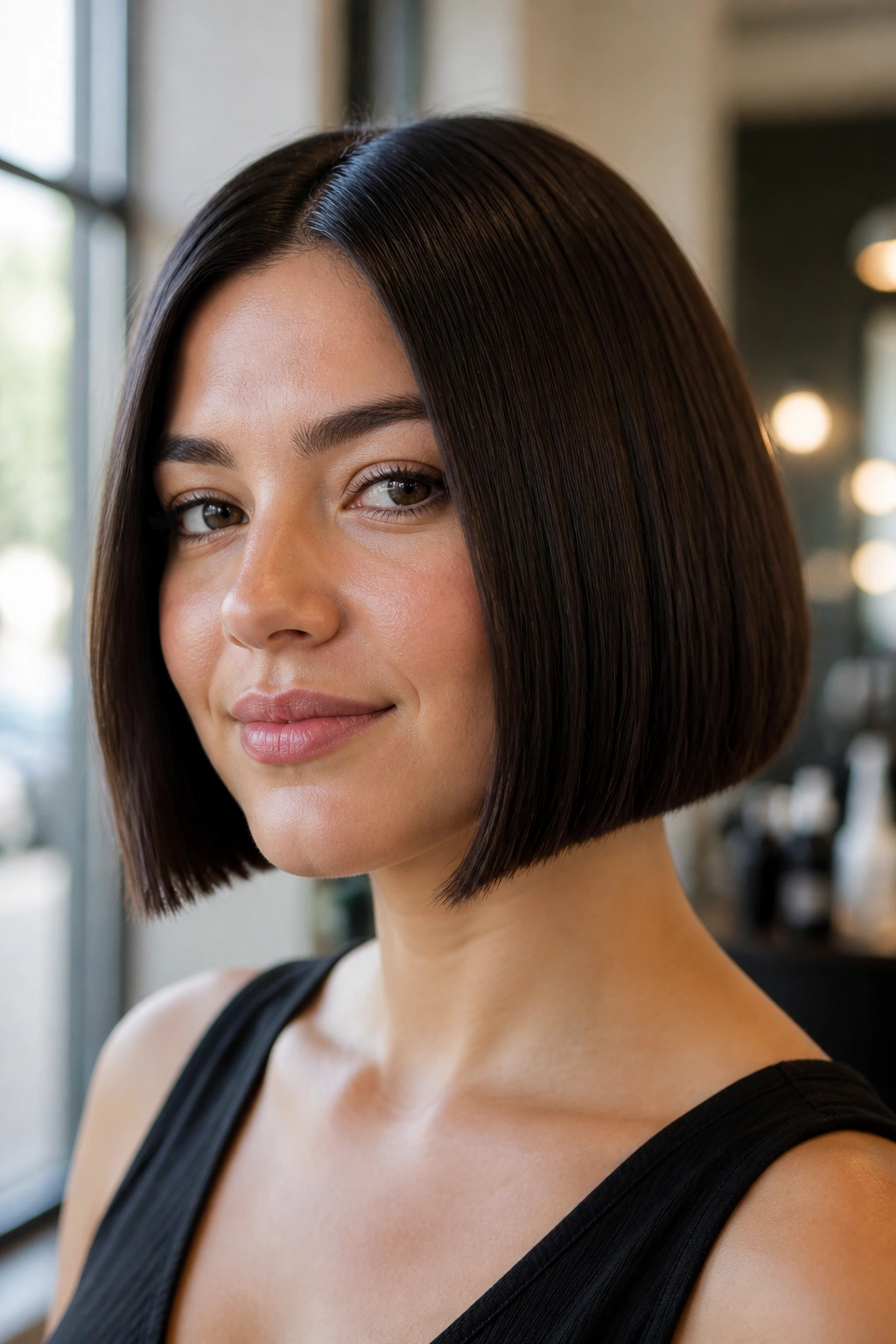 Close-up portrait of a real woman with chin-length blunt bob for round face in sleek straight hair