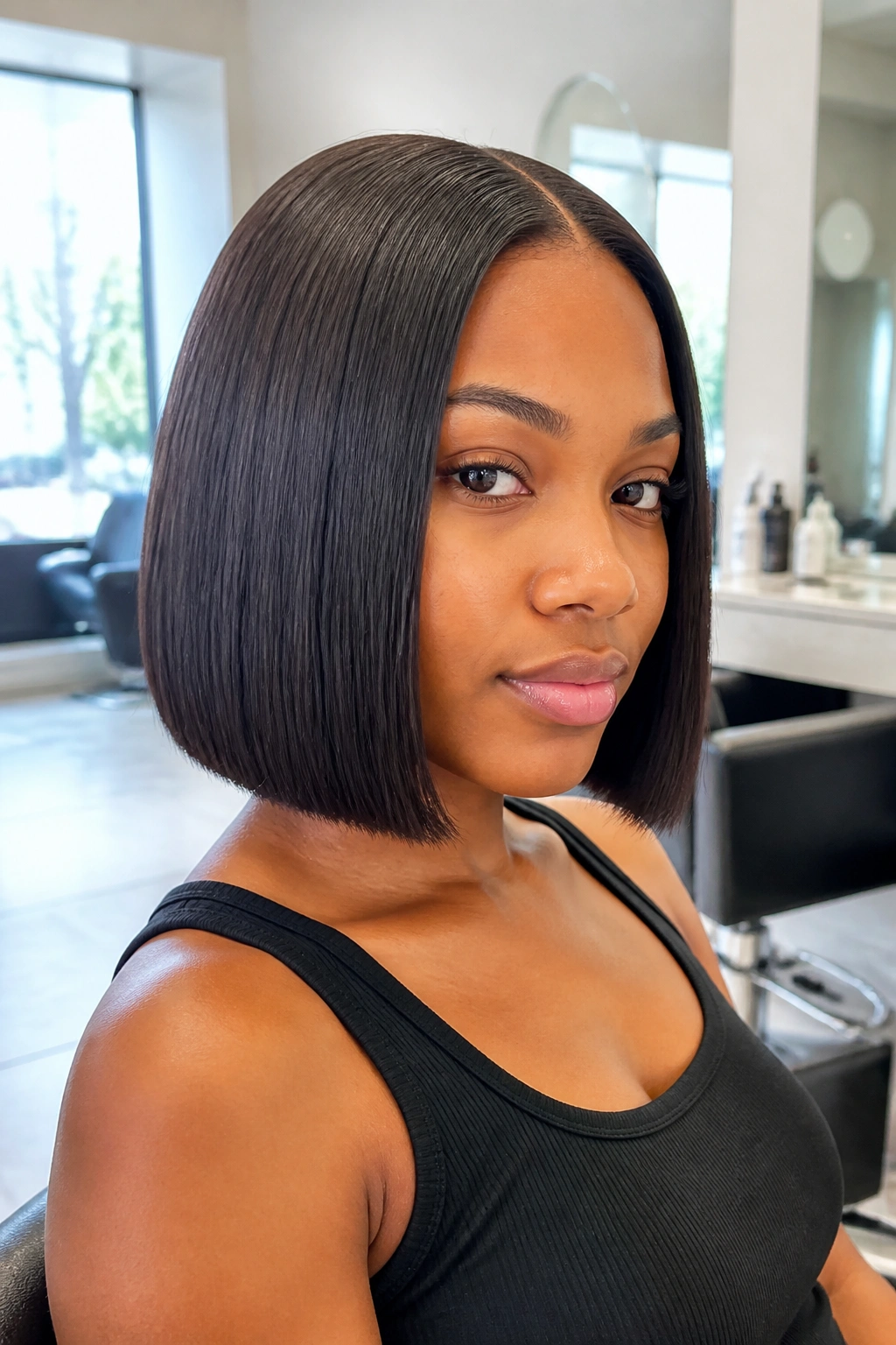 Close-up of a real woman with a blunt bob sew-in
