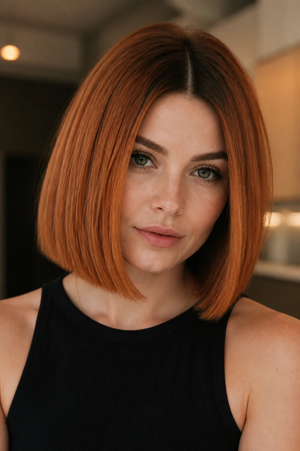 Close-up portrait of a real woman with a blunt bob and shadow root in auburn copper tones.