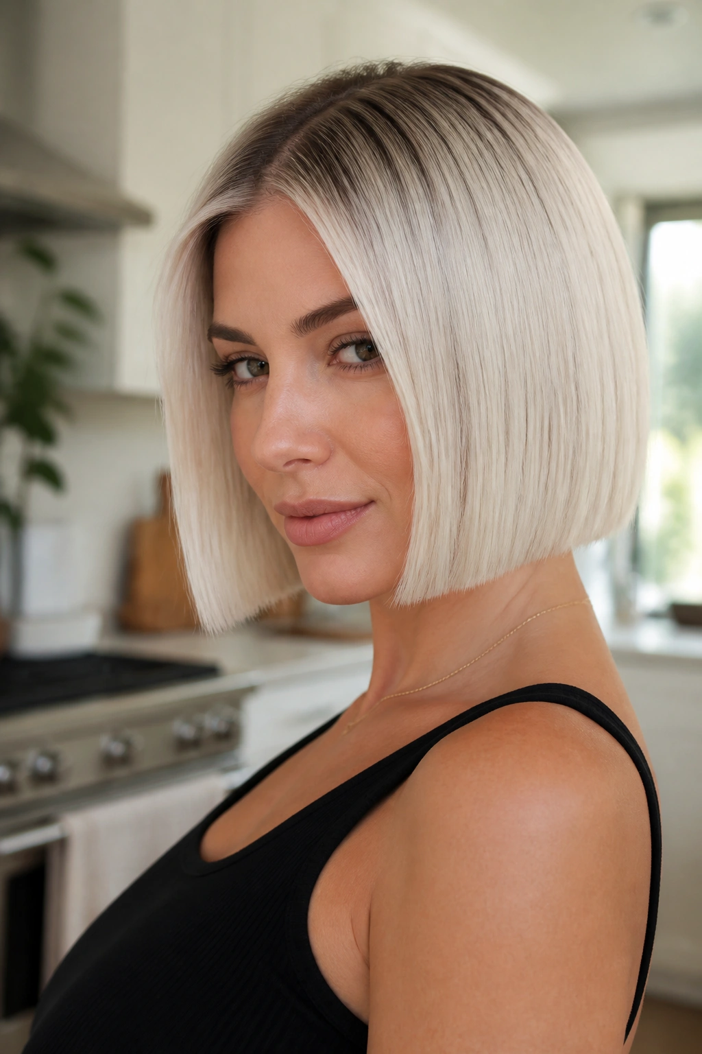 Close-up of a real woman with a blunt platinum bob and subtle shadow root