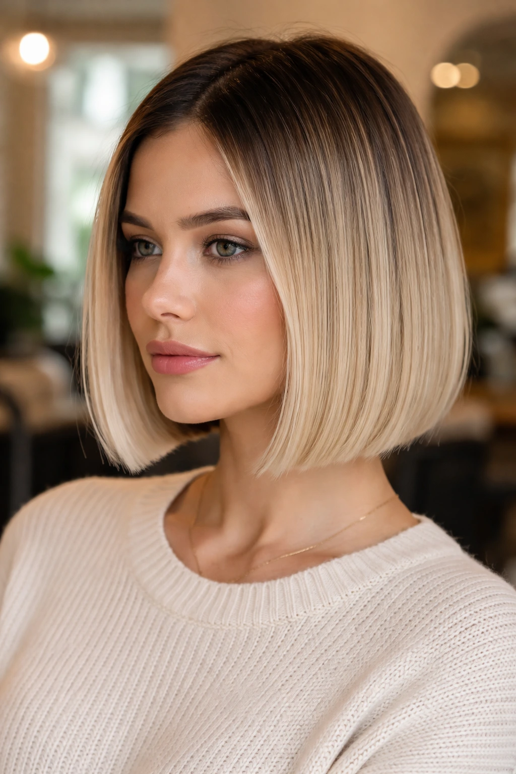 Portrait of a person with blunt bob and darker shadow roots