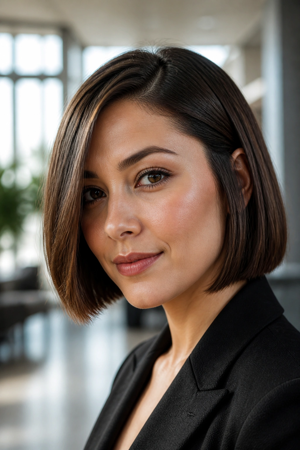 Close-up of a woman with a blunt chin-length bob and side part in daylight