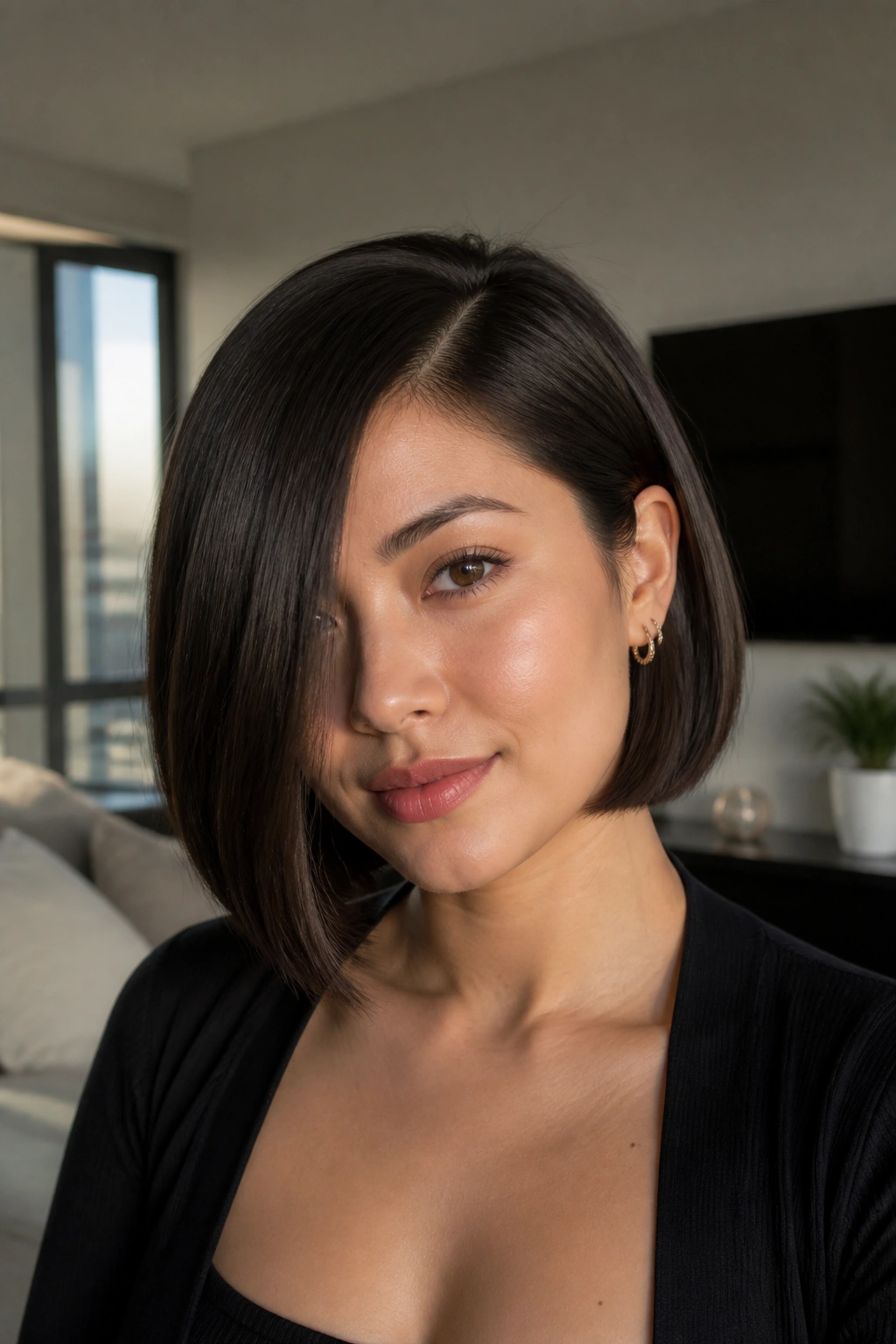 Real woman with blunt bob and deep side part