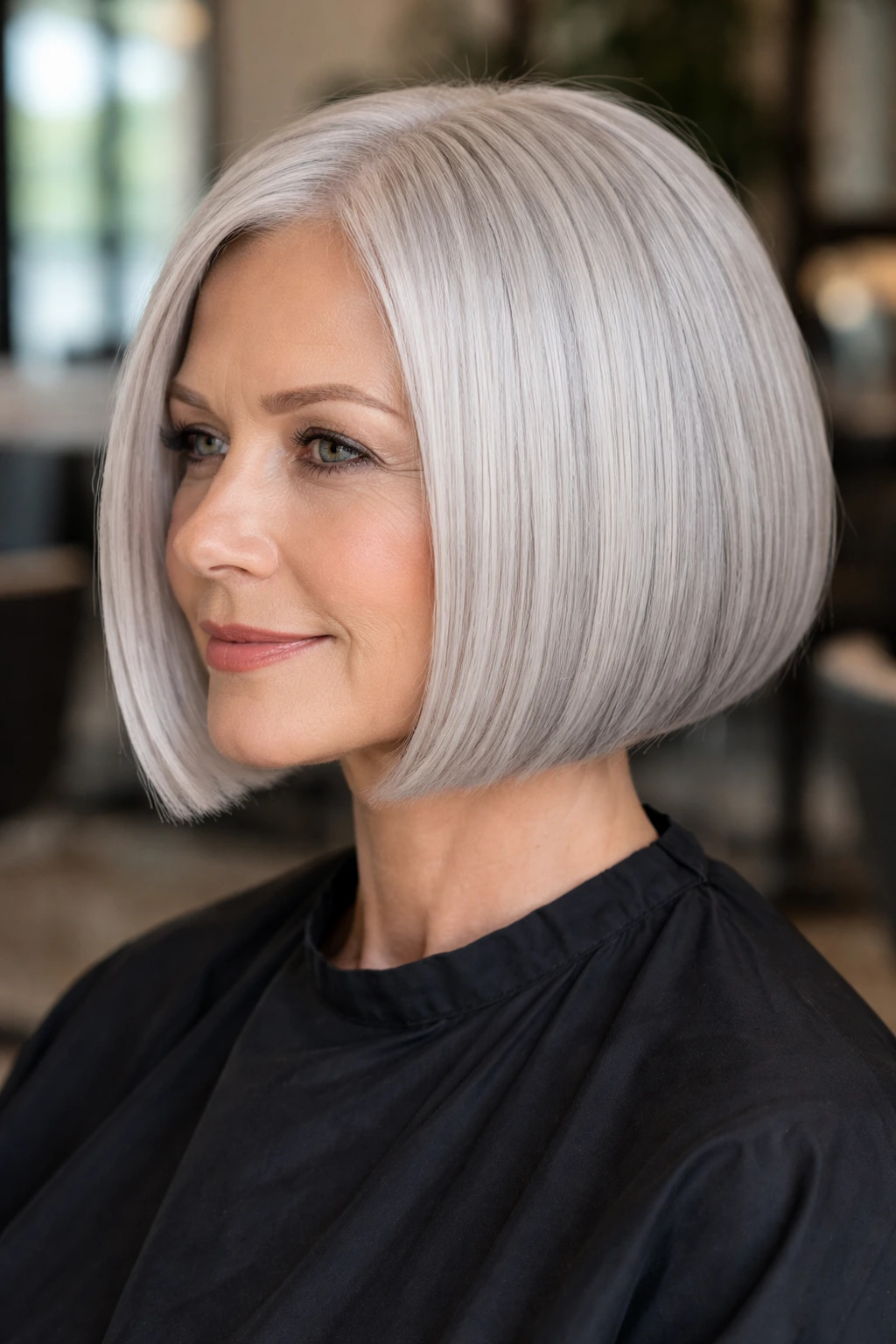 Close-up portrait of a real woman with a jaw-length blunt cut silver bob in natural salon light