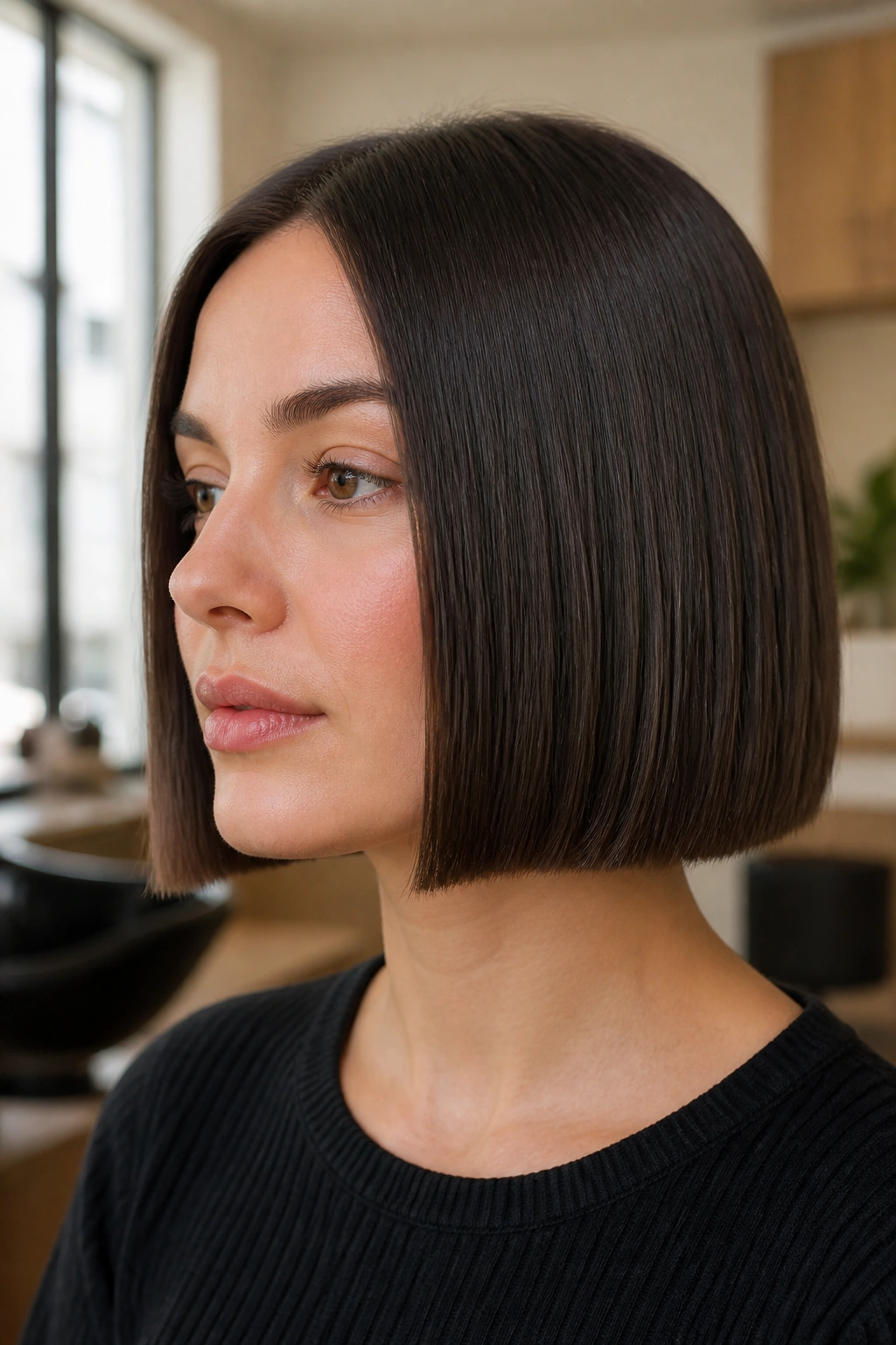 Close-up of a real woman with a blunt chin-length sleek bob showing a crisp edge