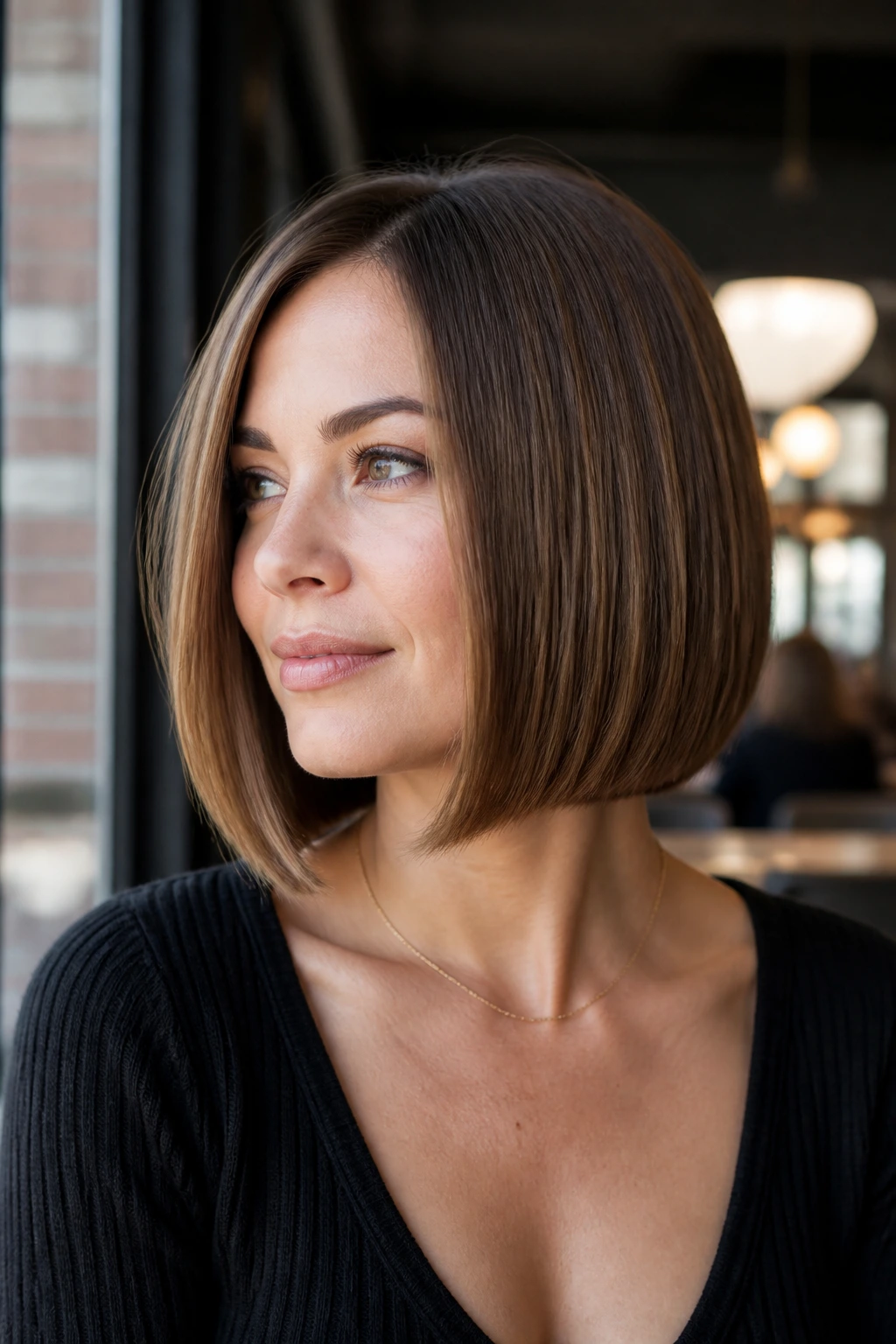Real woman with blunt bob and soft bevel in natural light