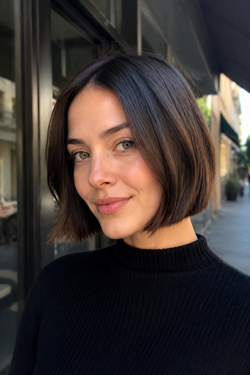 Close-up of a real woman with a blunt bob and soft textured ends