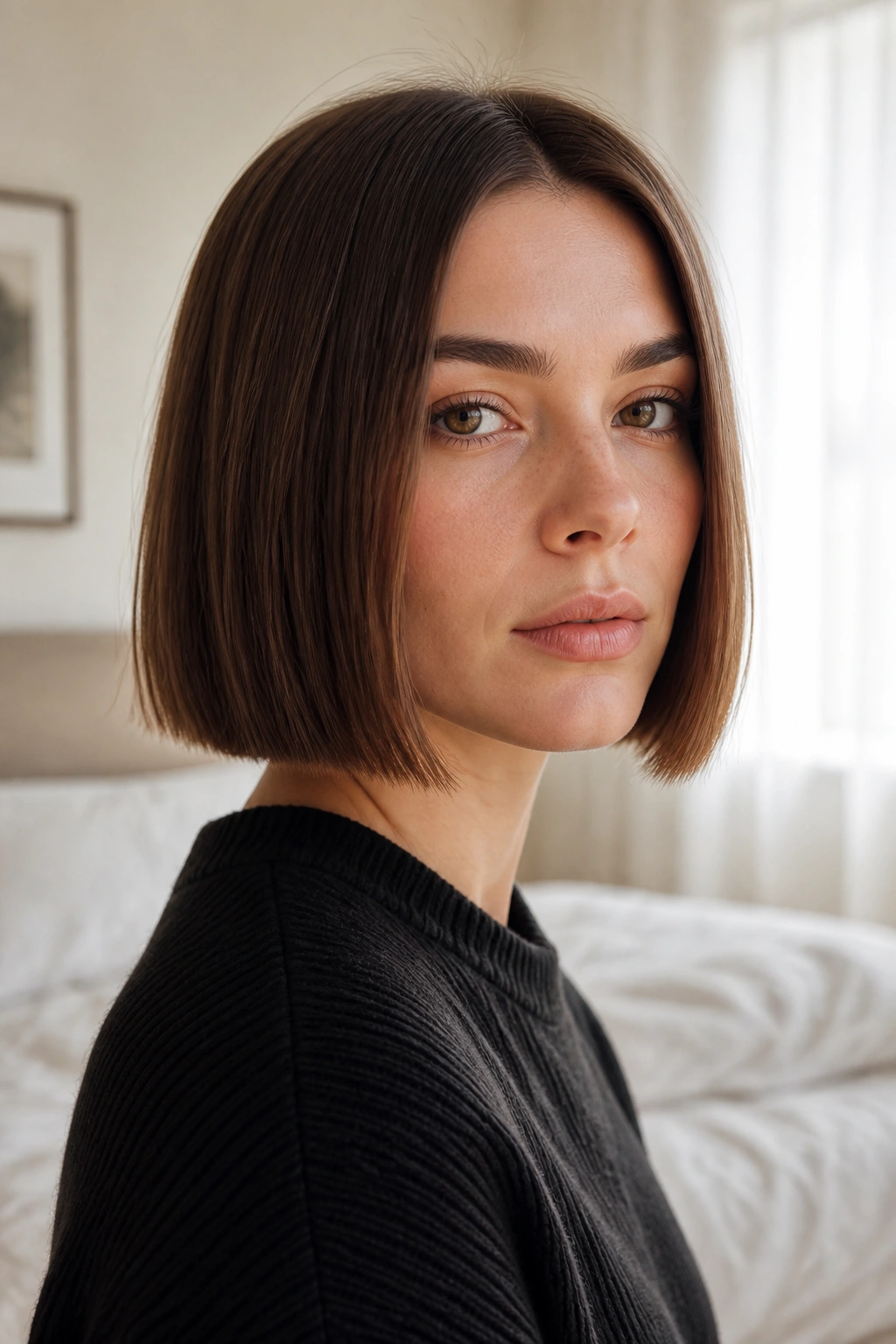 Close-up of a real person with a blunt chin-length bob under natural window light