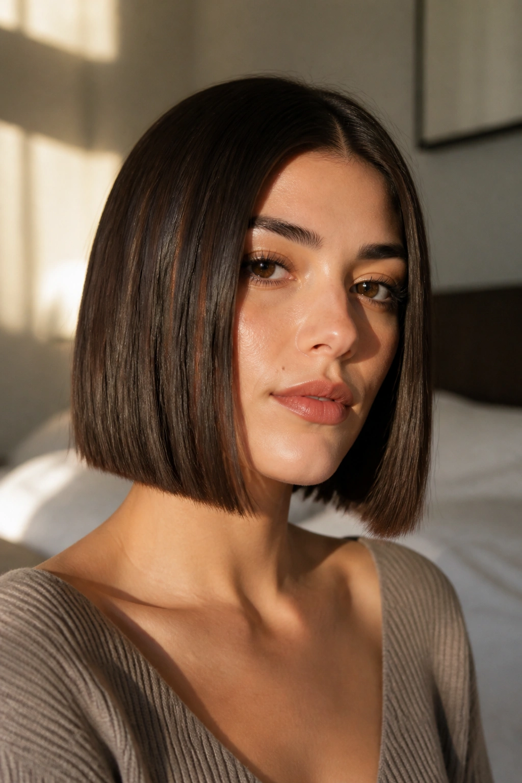 Close-up portrait of a real woman with a blunt bob and straight hair showing a crisp edge