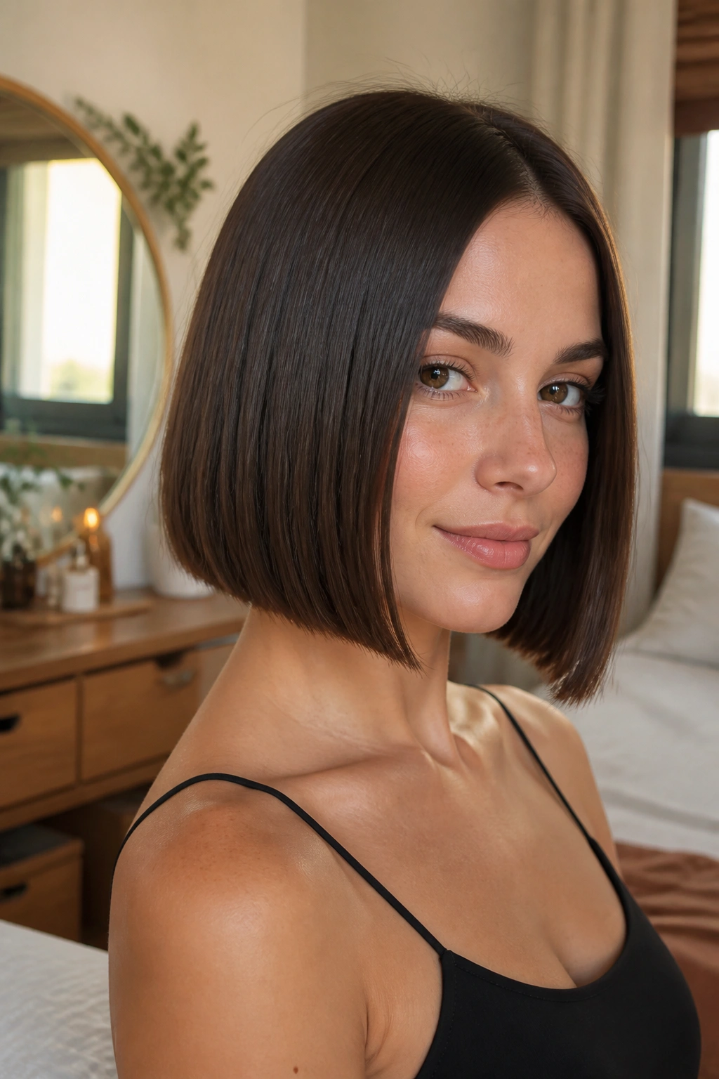 Close-up portrait of a real person with a blunt bob for straight hair in a cozy bedroom