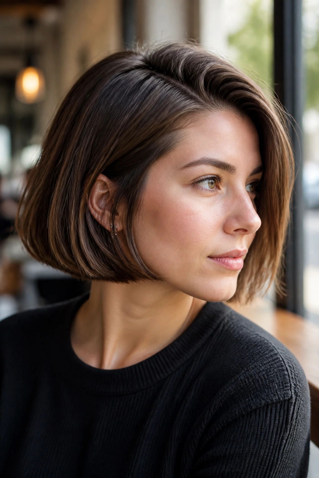 Close-up of a real woman showing a blunt bob with hidden interior texture and side part.