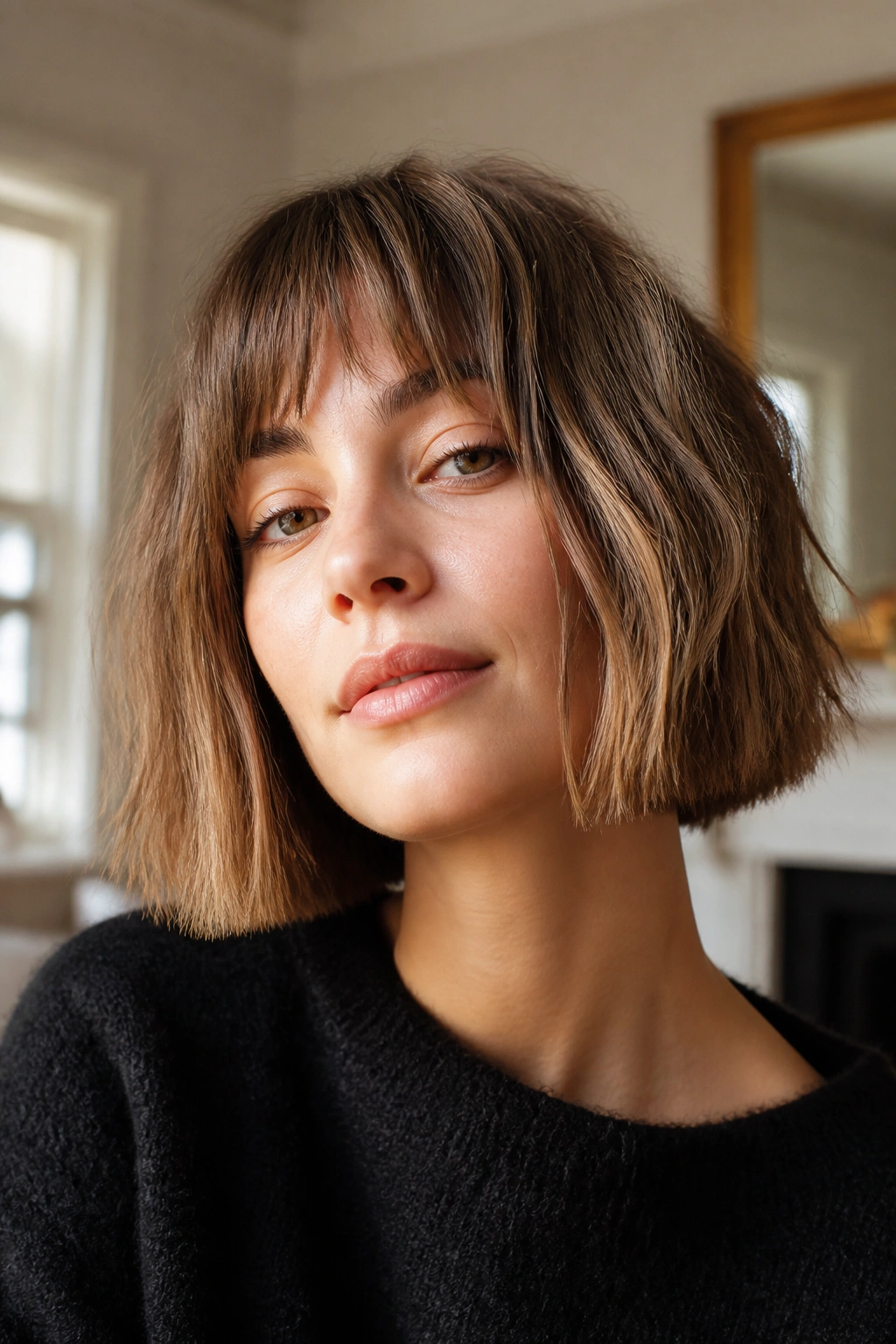 Close-up portrait of a real woman with a textured blunt bob in natural window light
