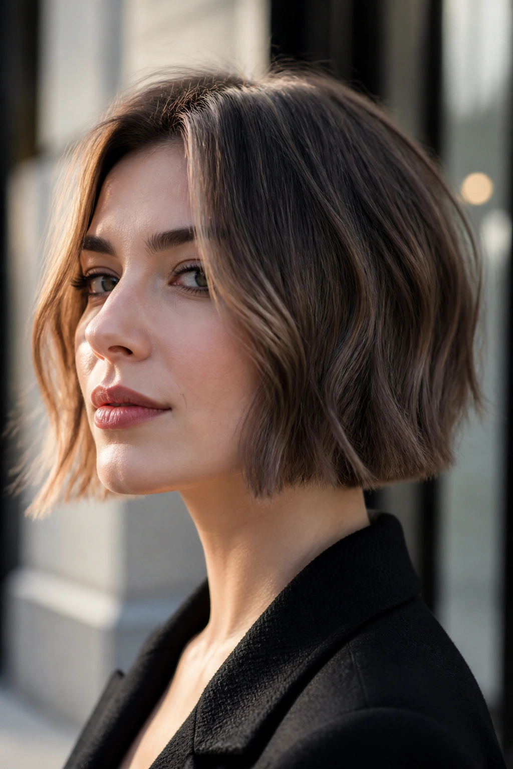 Close-up portrait of a real woman with blunt bob and broken texture on fine hair