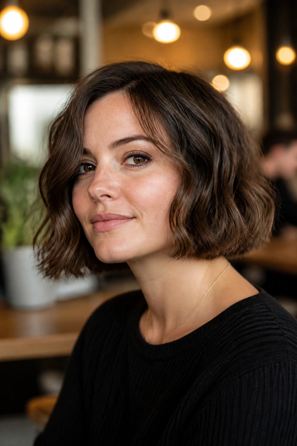 Close-up portrait of a real woman with blunt bob and tousled texture in cafe lighting