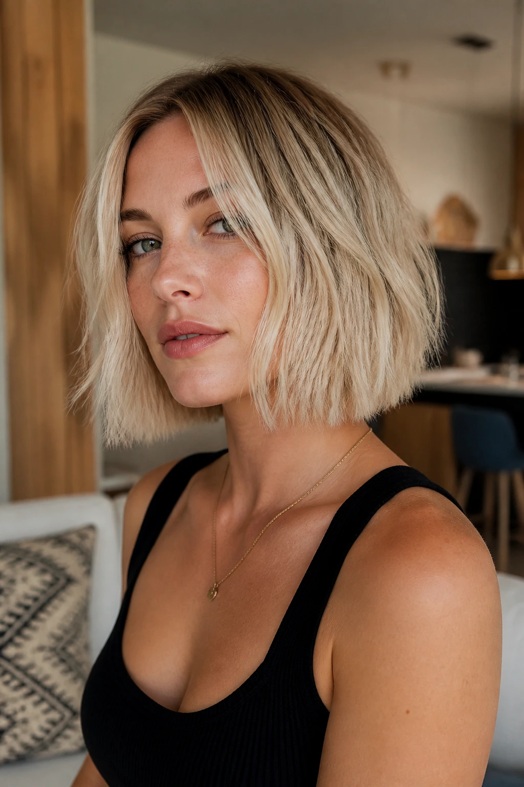 Close-up of a real woman with a blunt bob and broken-up texture