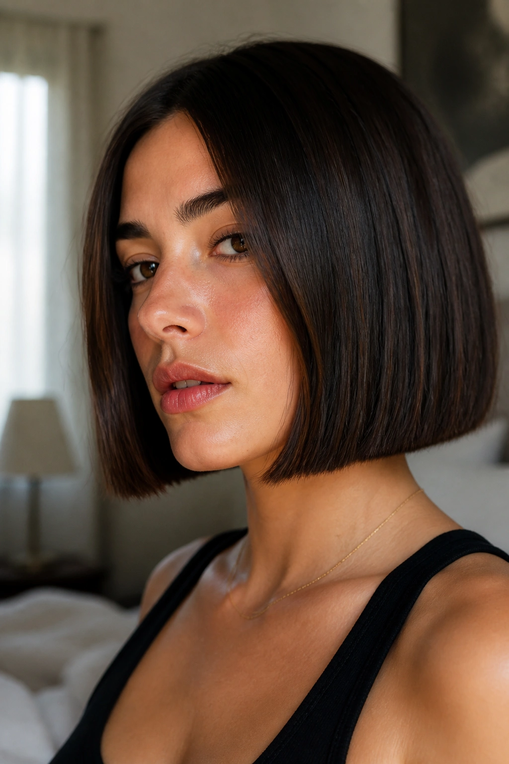 Close-up of a real woman with a blunt bob, thick hair and a sharp chin-length line.