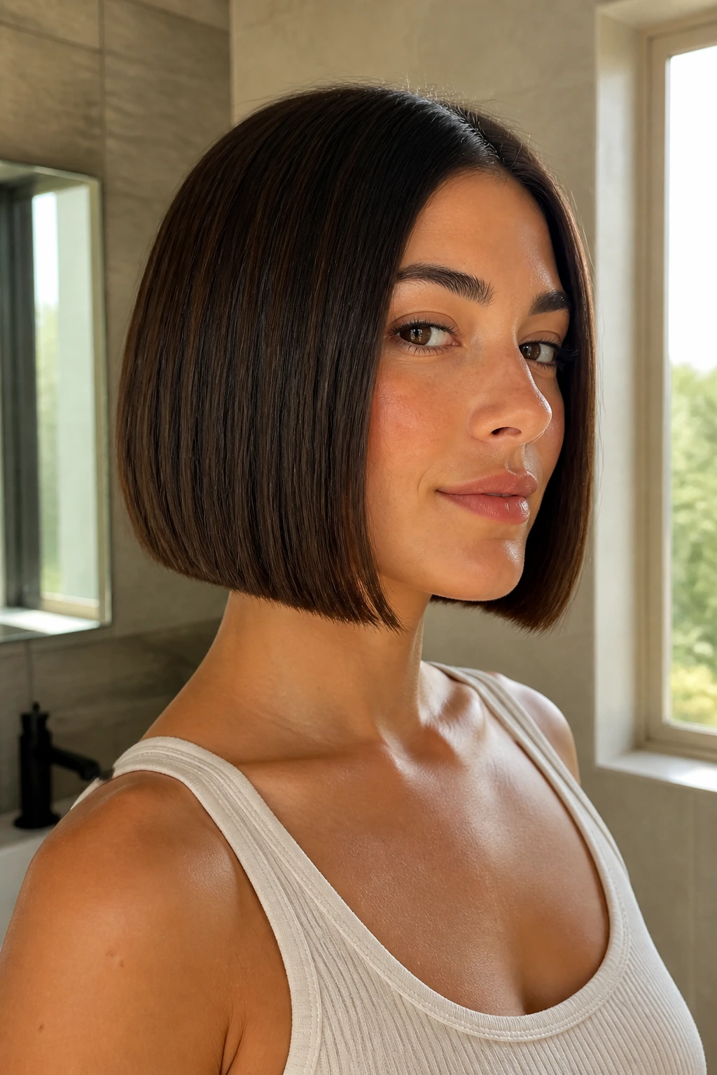 Close-up portrait of a real woman with a blunt bob for thick hair, chin-length with crisp edge and dense texture.