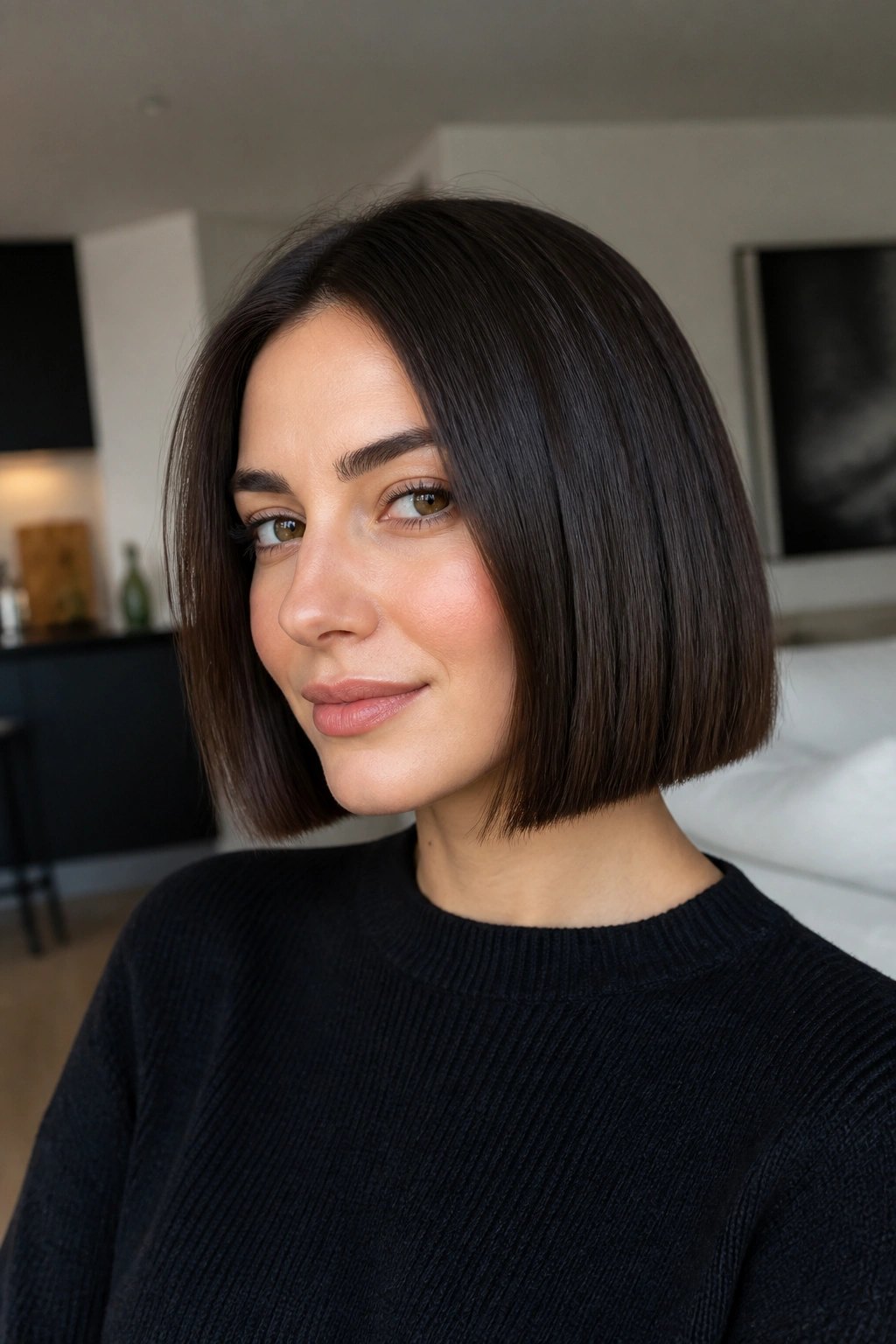 Close-up of a real woman with a blunt bob showing a clean edge.