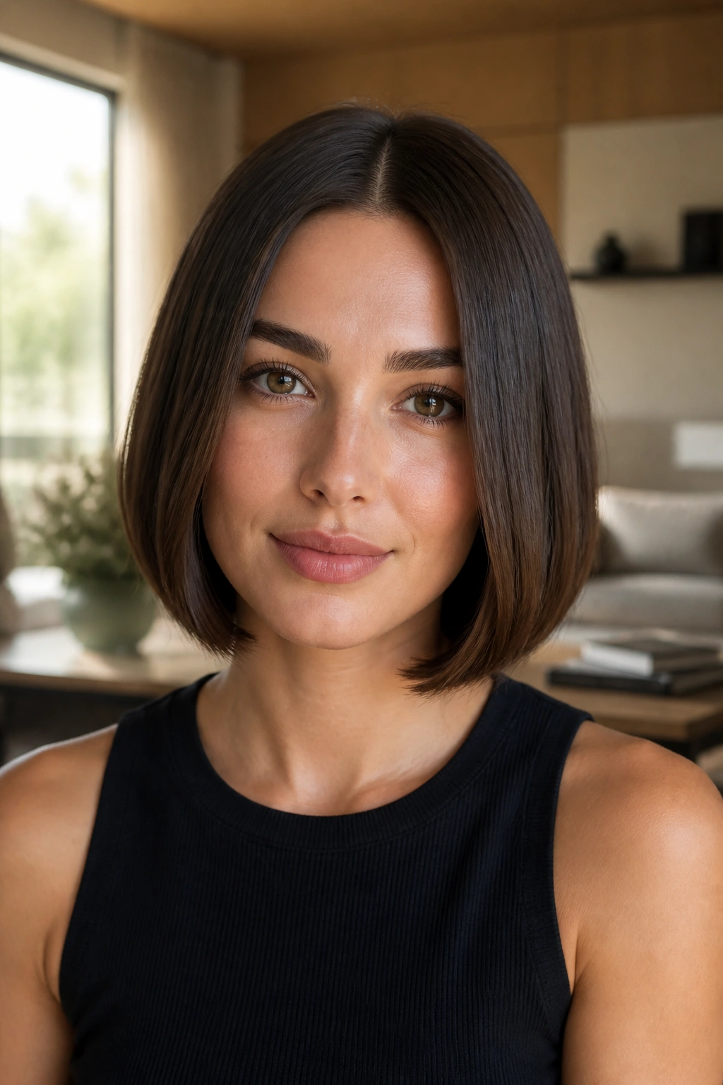 Real woman with a blunt bob and tucked-in ends
