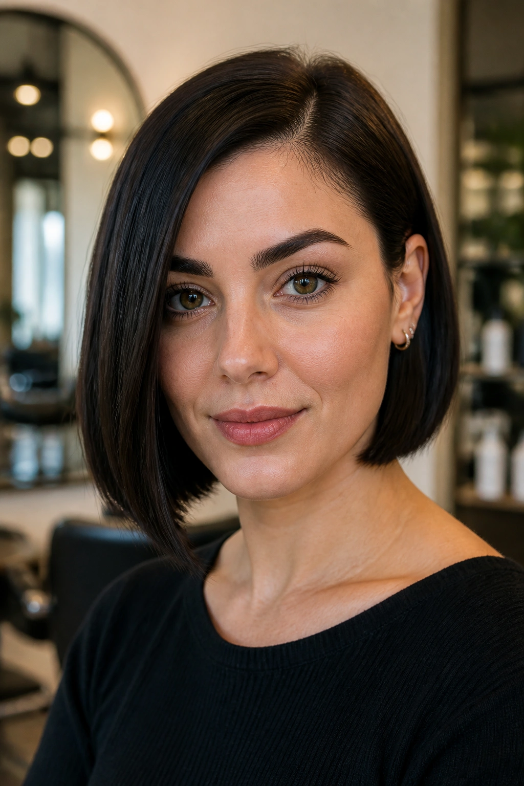 Close-up of a real woman with a blunt bob and tucked ends behind the ear.