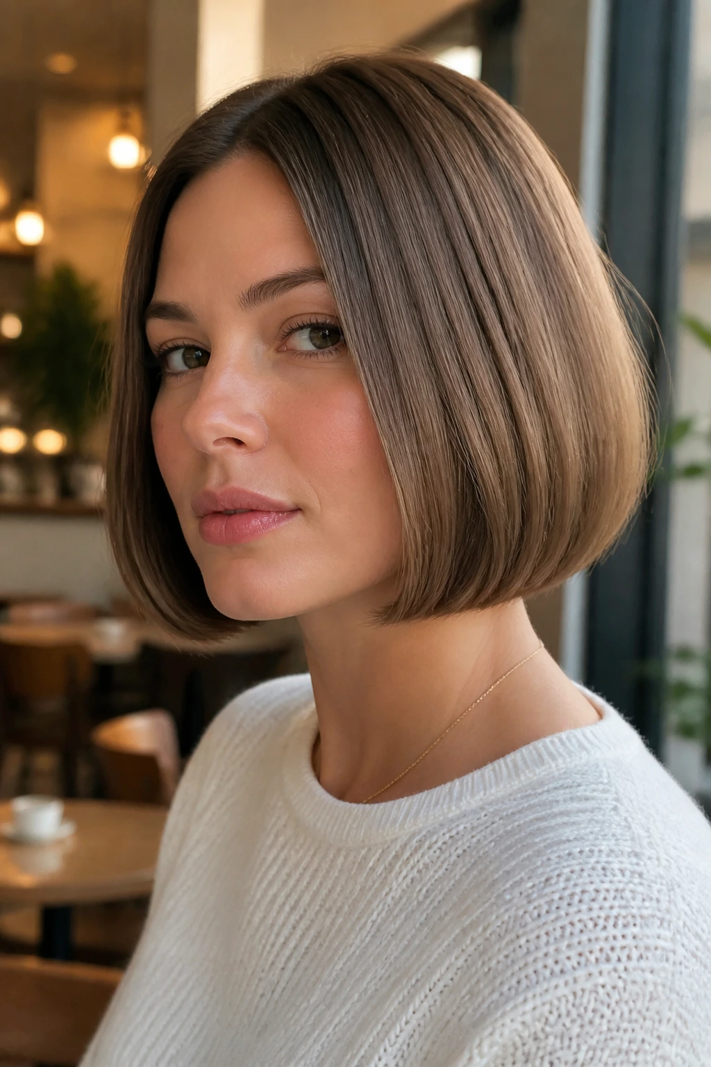 Close-up portrait of a person with a blunt bob and tucked-in ends in warm cafe light