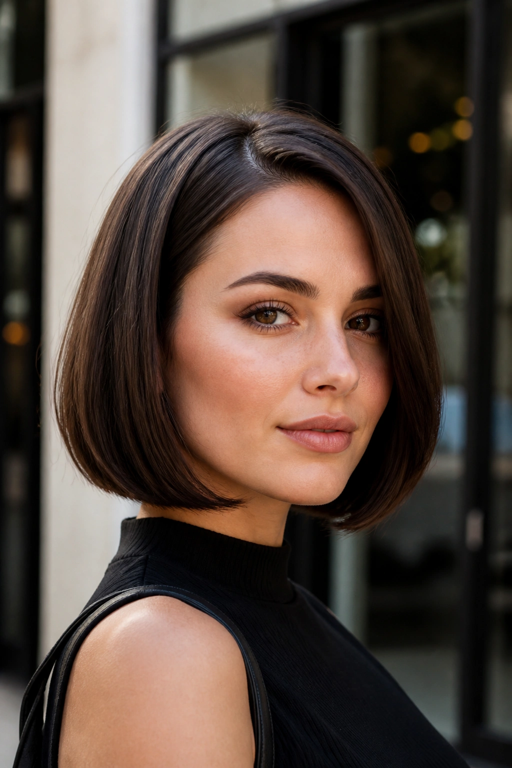 Close-up of a real woman with a blunt bob and under-curve ends