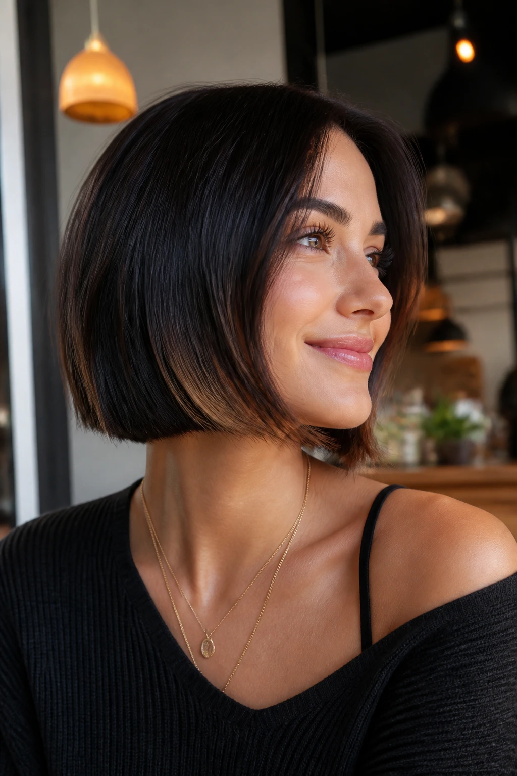Portrait of a woman with a blunt bob and hidden underlayer texture in a cafe setting