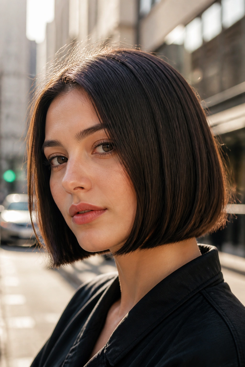 Close-up portrait of a real woman with blunt bob and underturned edge catching light.