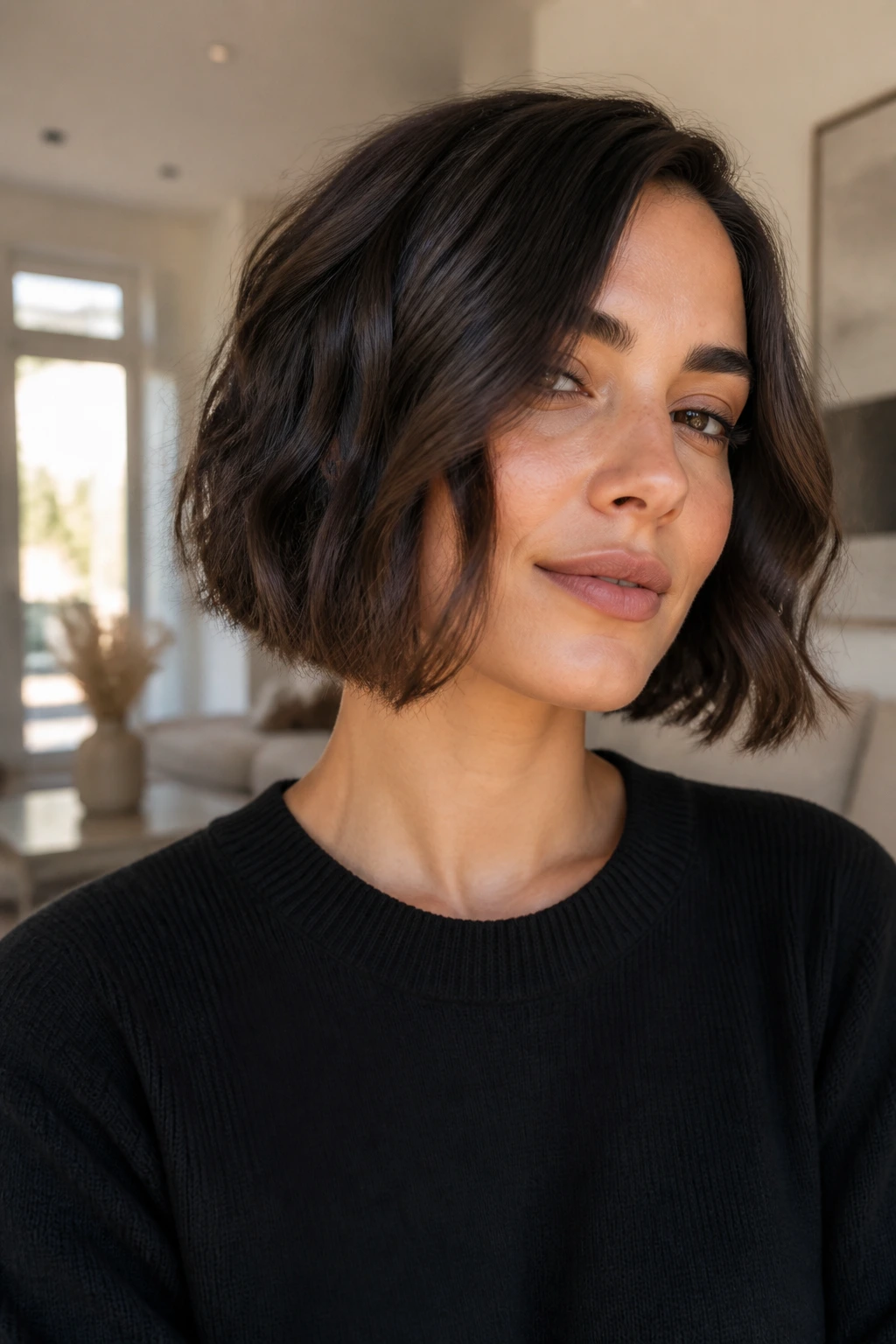 Close-up of a real woman with a blunt bob and undone waves
