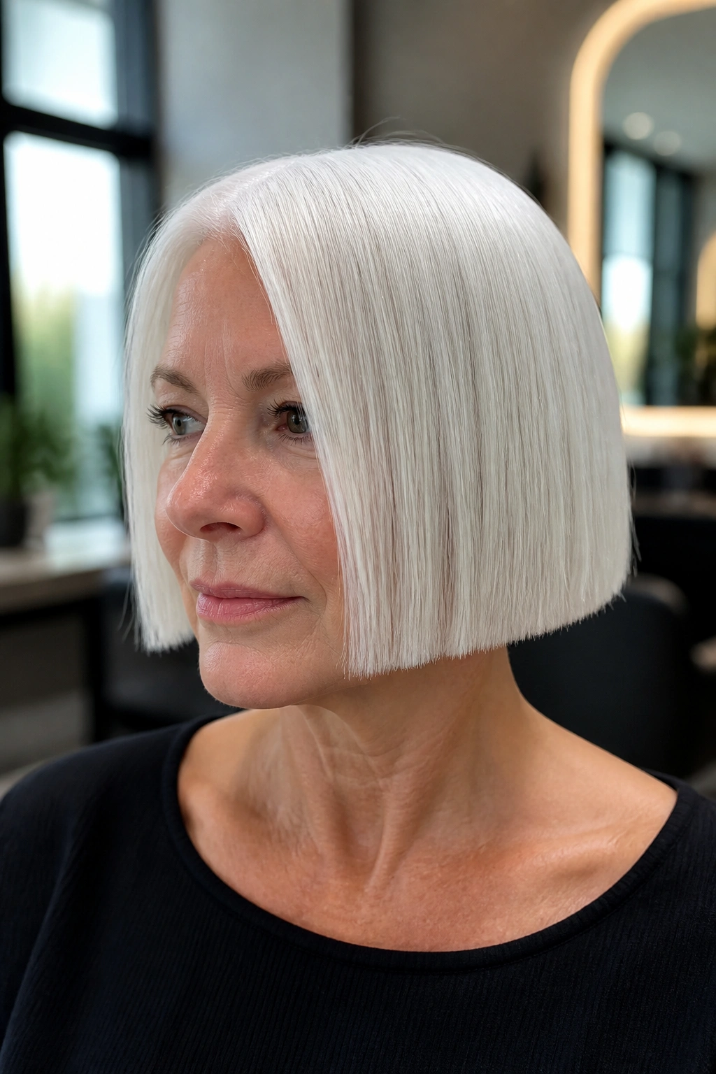 Close-up of a woman with a chin-length blunt white bob in a salon