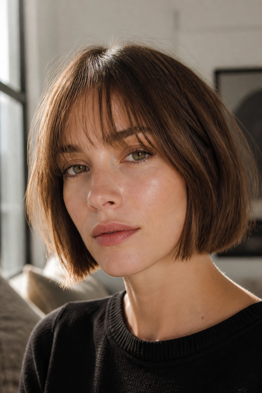 Close-up of a woman with blunt bob and wispy fringe