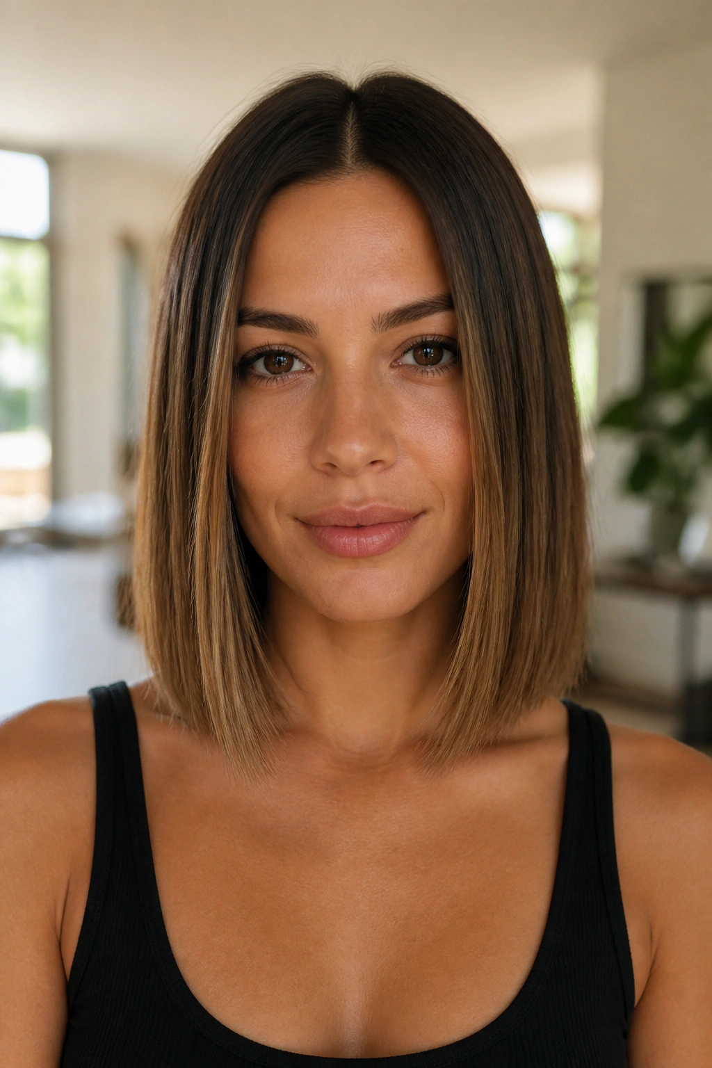 Close-up of a real woman with blunt center-part lob and collarbone-length straight hair in natural window light