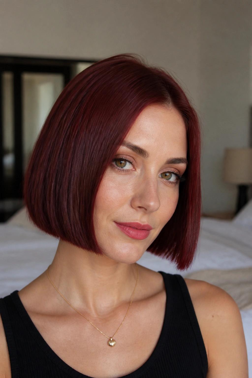 Close-up portrait of a real woman with a blunt cherry bob in glossy red hair