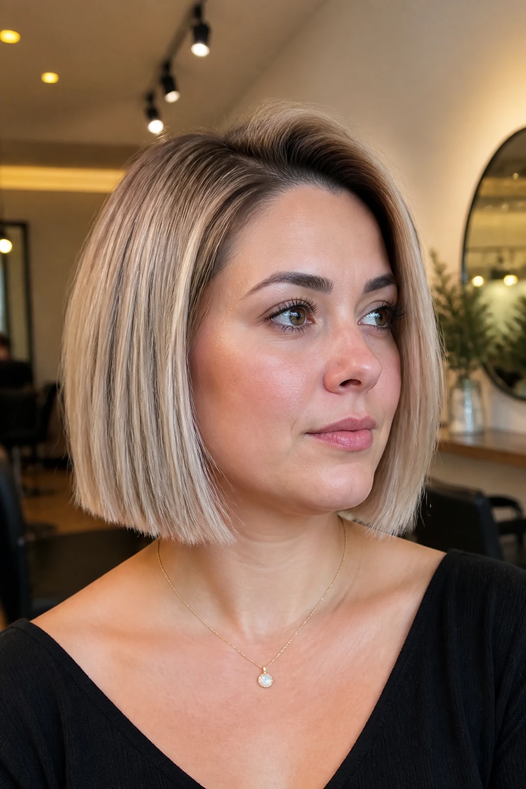 Close-up of a blunt chin-length bob with lifted roots on a real person in a chic salon