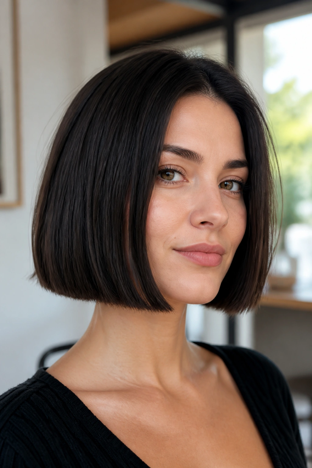 Close-up portrait of a real person with a blunt chin-length bob.