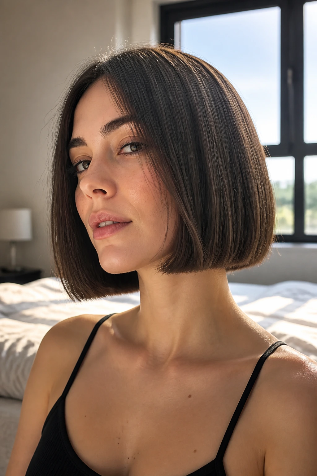 Close-up of a real woman with a blunt chin-length bob and crisp, dense ends.