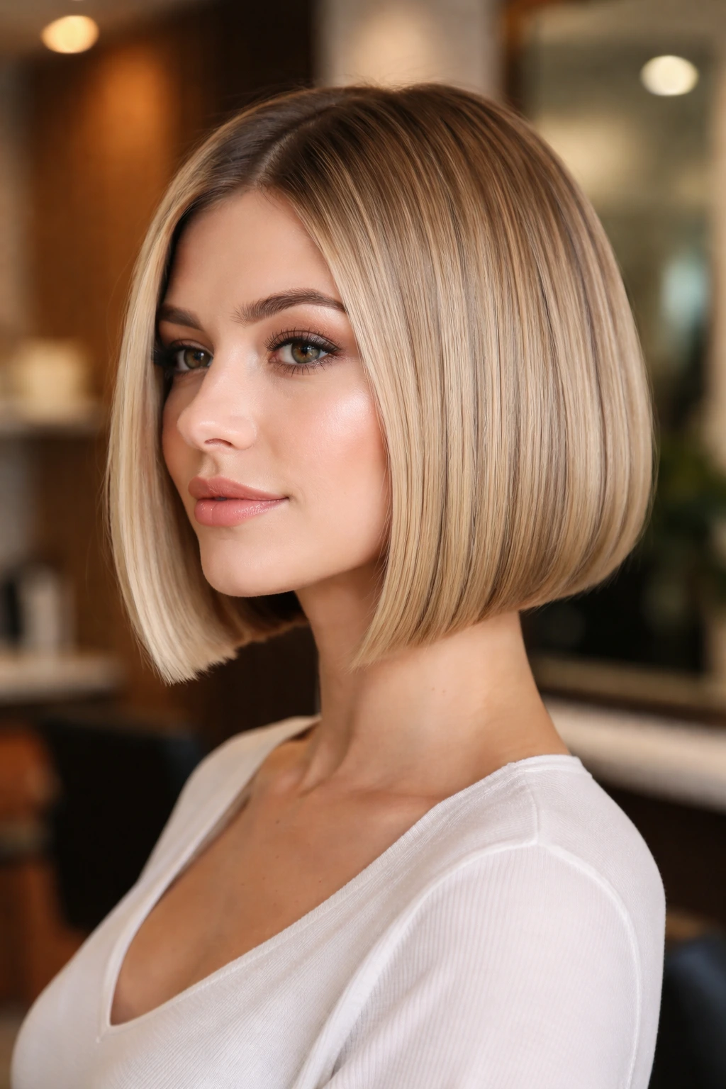 Close-up of a real woman with a blunt chin-length bob and dense, straight ends