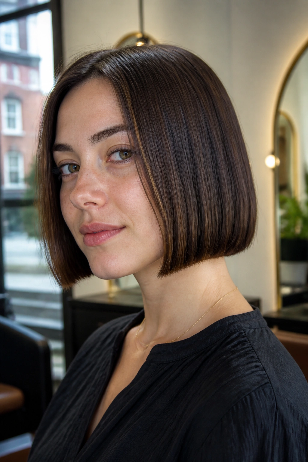 Close-up of a real woman with a blunt chin-length bob in natural window light