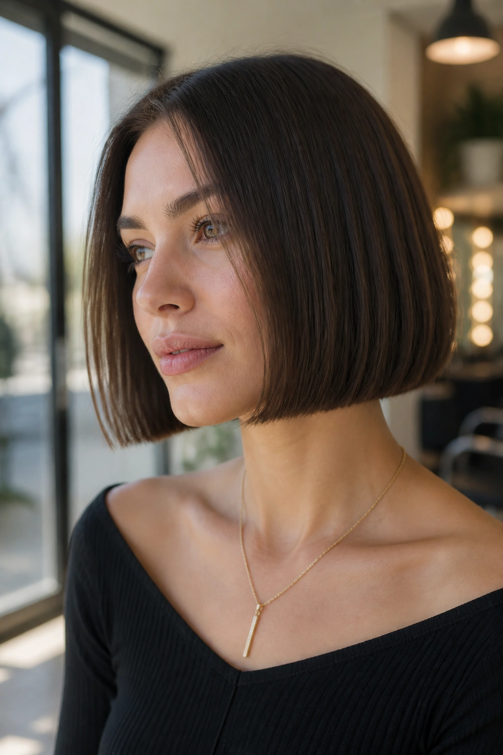 Close-up of a real woman with a blunt chin-length bob and crisp jawline edge