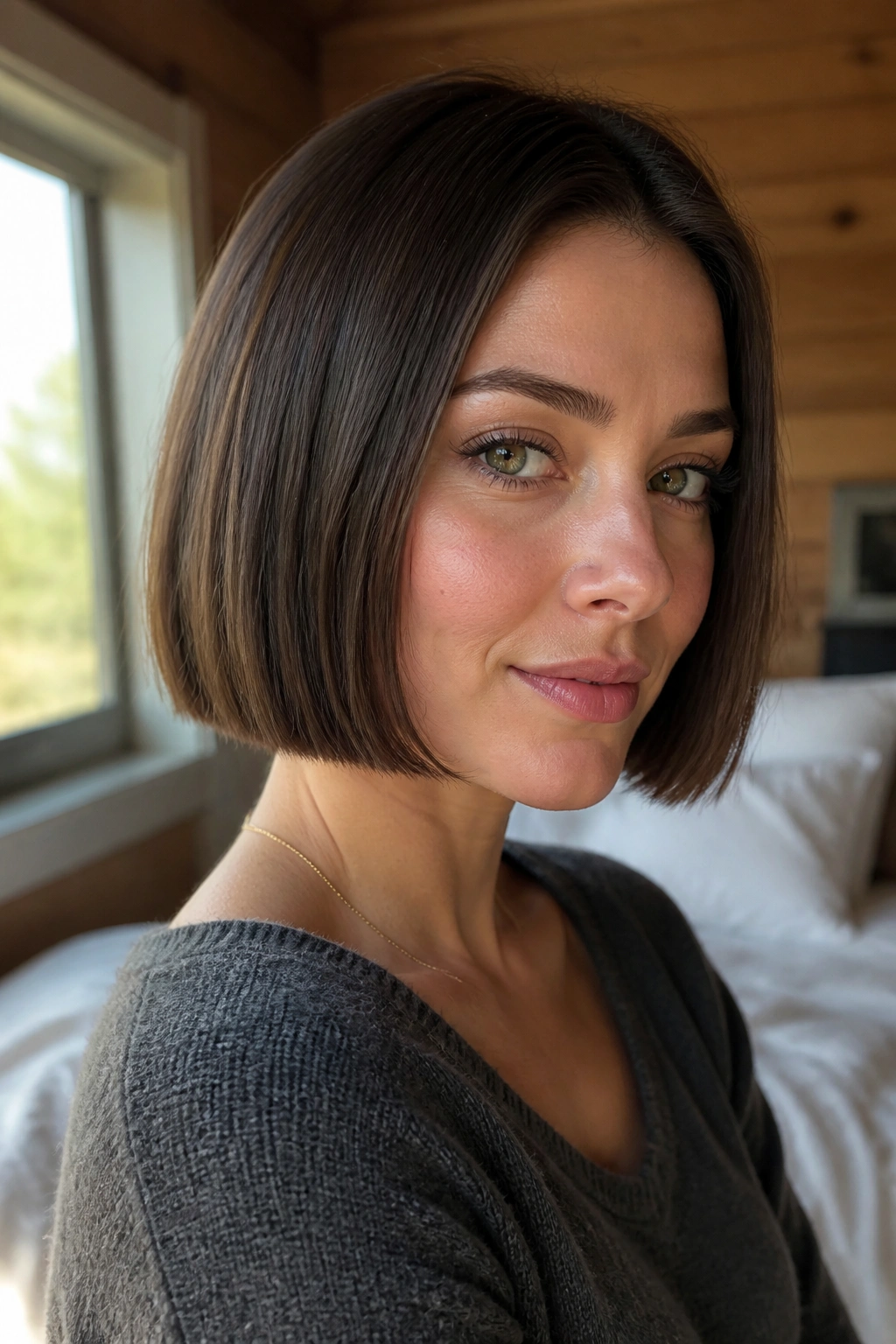 Close-up of a real woman with a blunt chin-length bob in natural morning light