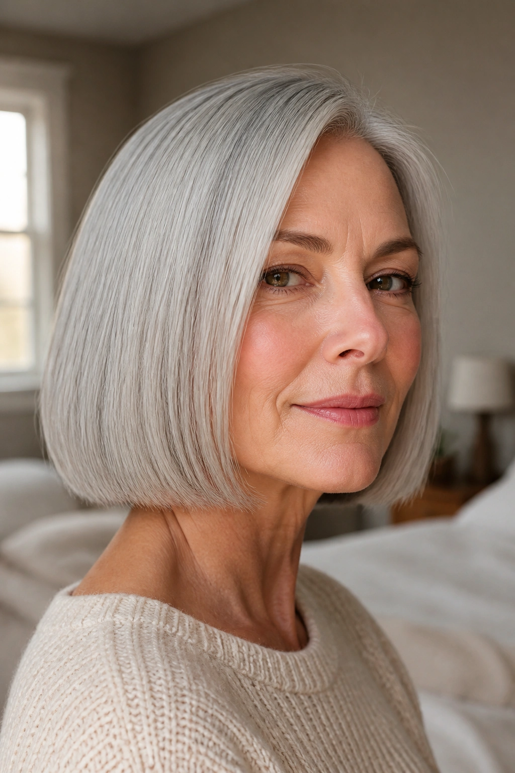 Close-up portrait of a real woman with a blunt chin-length silver bob featuring a crisp even edge.
