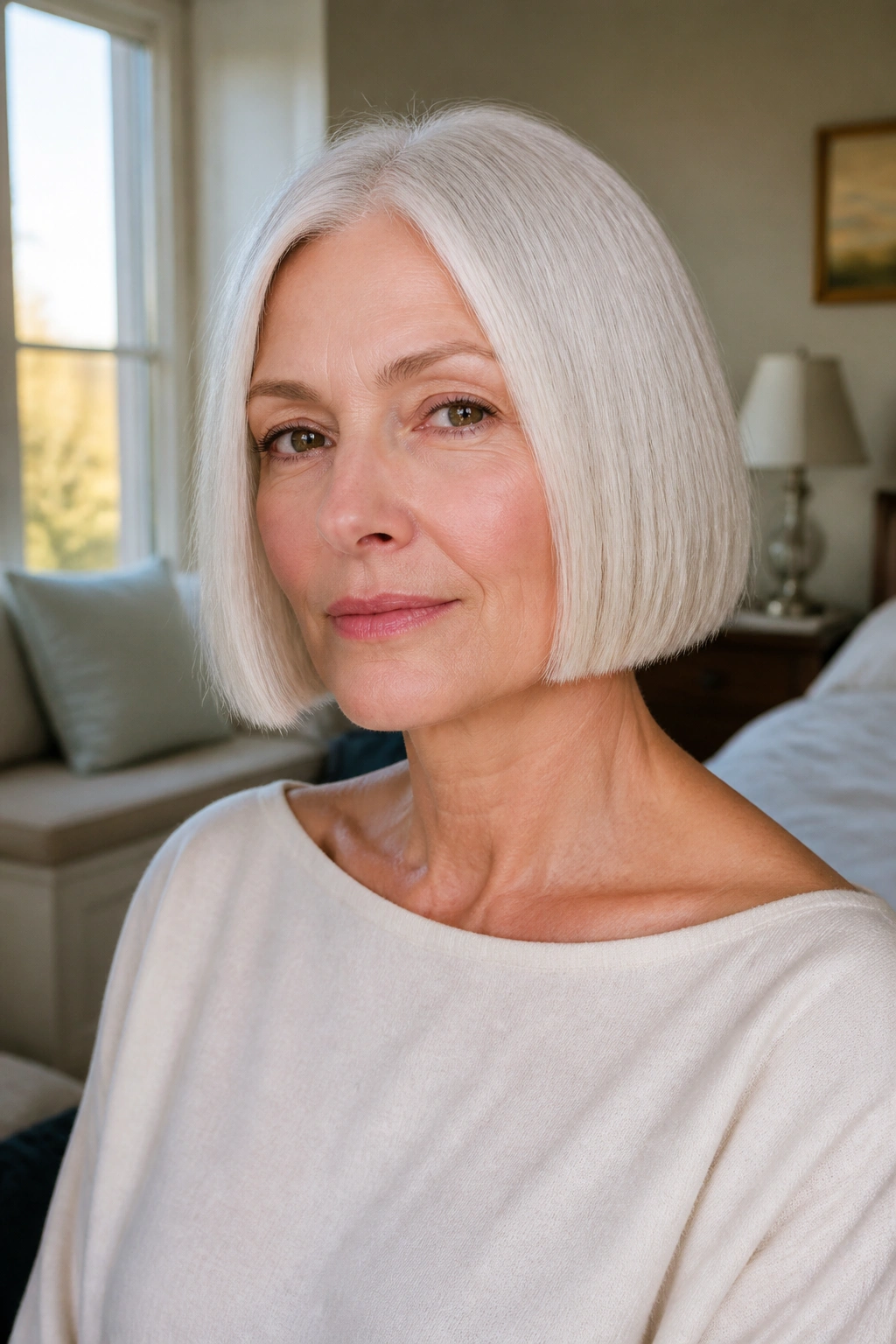 Close-up portrait of a real woman with a blunt chin-length white bob in soft daylight